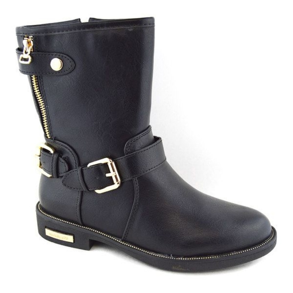 women's black flat ankle buckle boots motor boots